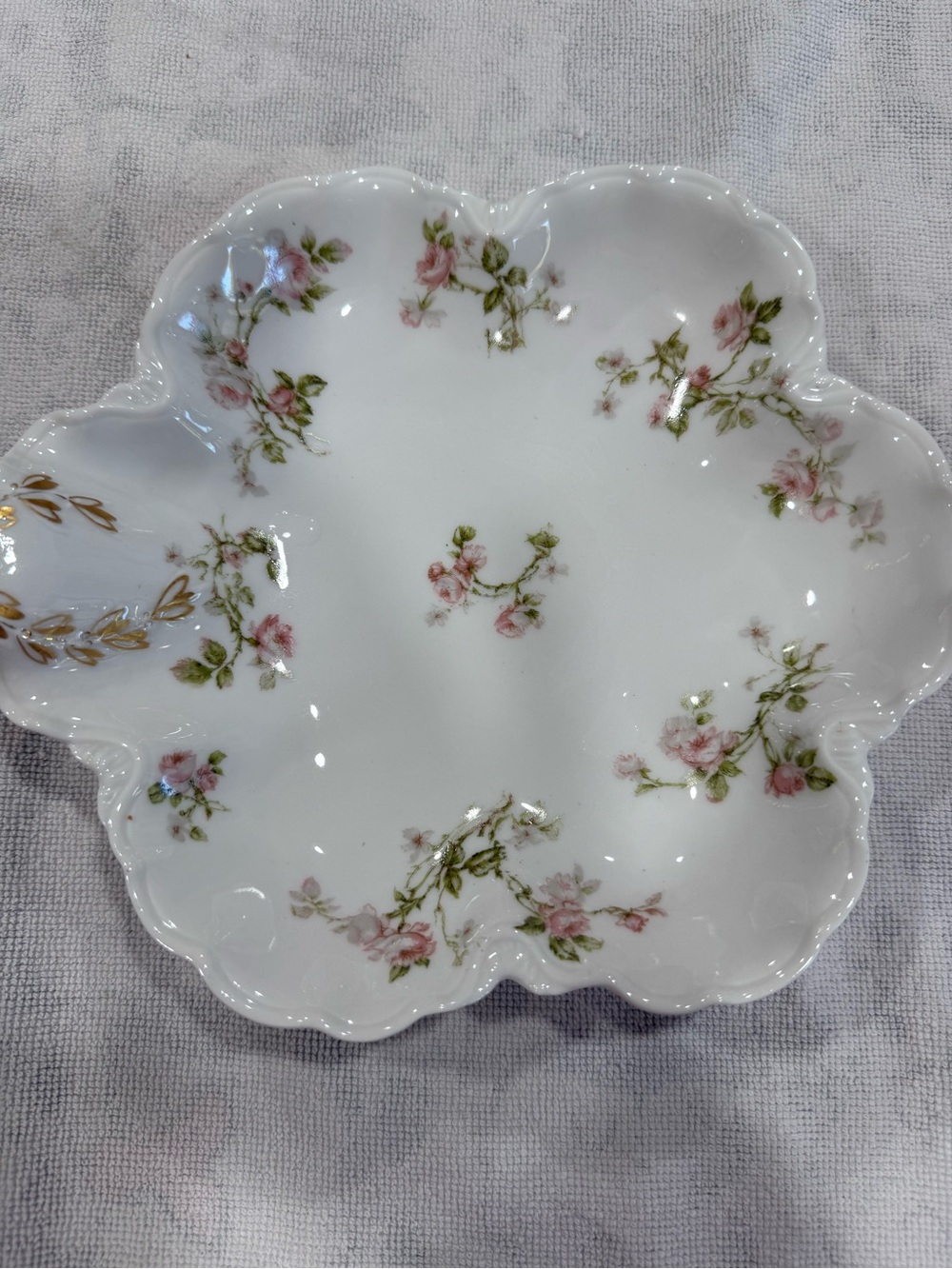 Haviland White Porcelain Scalloped Dish with Pink Rose Sprigs and Gold Trim